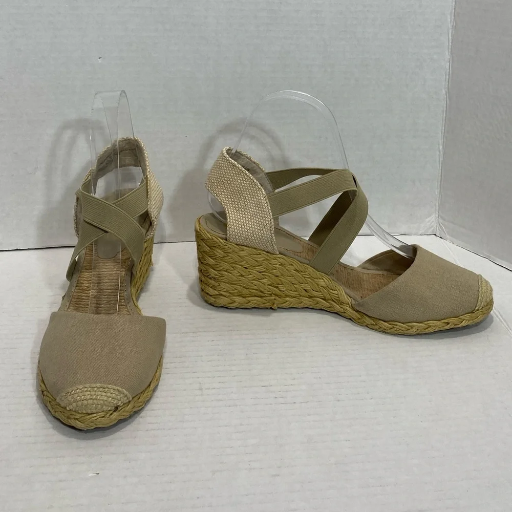 Ralph Lauren Cassandra Linen Espadrille Wedges Sz 7.5 | Neutral Slip-On Heels